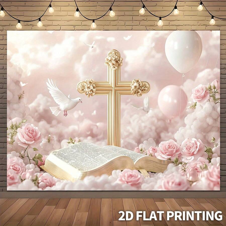 1pc Elegant Wedding & Baptism Banner With Cross  Bible Pink Rose - Clouds Balloons Suitable For Holy Communion, Christening, Wedding Decorations, Shower - 2D Flat Fabric Banner Decor, Photography Props, Durable Party Backdrop |   Outdoor Garden Decor | Party Decor, Holiday Decor, Background Cloth - Kiểu_1 - Xem 1