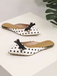 Elegant Polka Dot Office Shoes,  Bow Decor White Flats For Summer, Slip-On Slippers  Women's Flats - 白色 - 查看 2