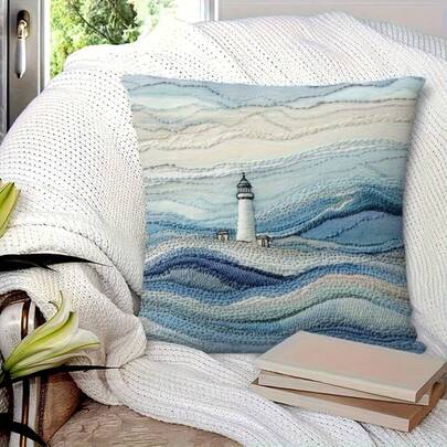 1Pc Vintage Lighthouse & Gentle Waves Pattern Throw Pillow Cover - 17.7*17.7 Inches, Single-Side Print, Suitable For Bedroom, Living Room, Office, Outdoor Decor, Gifts For Family Friends, Machine Washable With Zipper (No Insert)