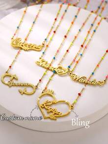 女士/女孩定制亮面哑光名字项链，个性化不锈钢半包裹心形字母项链，情侣吊坠，家庭首饰，生日、节日、圣诞节礼物 - 金色-彩珠鏈 - 查看 9