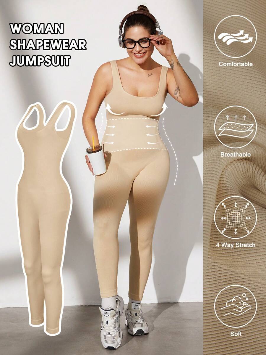 1pc Women Seamless Waist Cincher Jumpsuit, Plus Size Shapewear