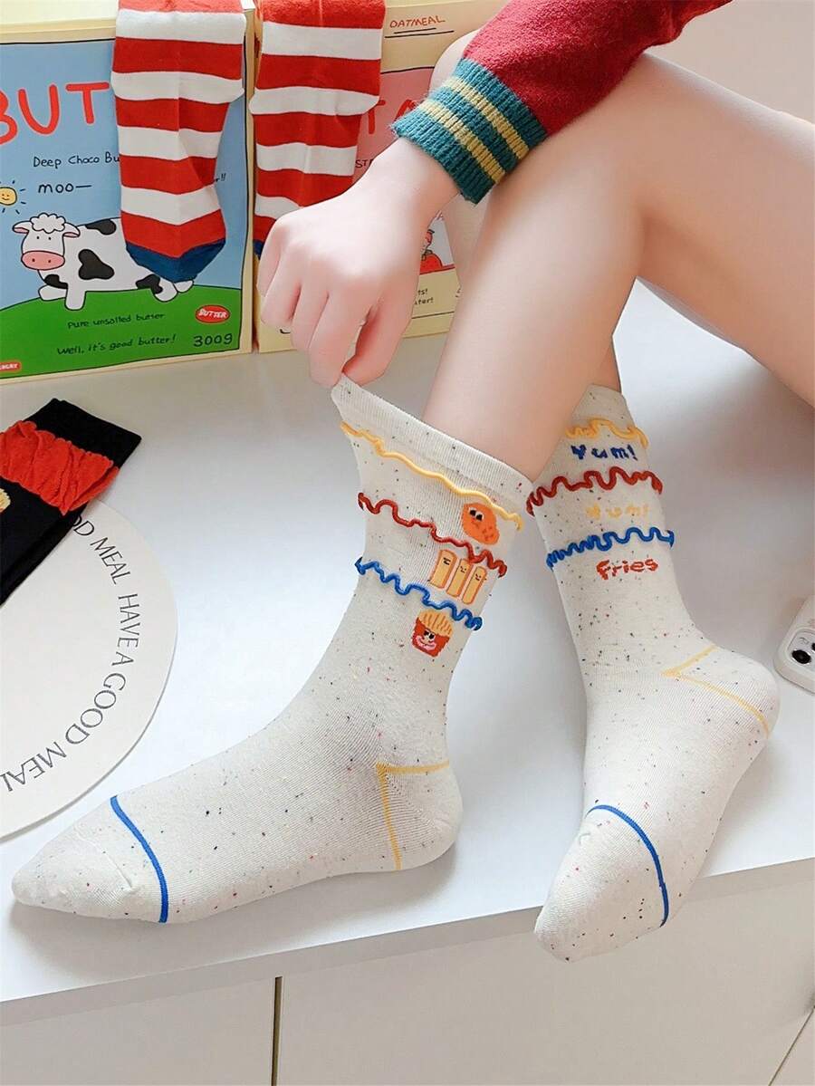 1 Pair Women's Fries, Burger, Ribbon Sauce Print Breathable Mid-Calf Socks, Streetwear Style For Everyday Use, Spring/Autumn - Multicolor - View 1