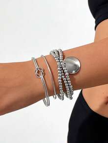 Set de 3 piezas: Colgante circular y brazalete abierto de múltiples capas - rey blanco - Ver 6