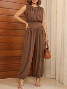 Women's Elegant & Fashionable Jumpsuit - Sleeveless Top Paired With Waist-Slimming Tapered Pants, Minimalist Style Suitable For Daily Outings, Spring/Autumn - Light Brown - View 6