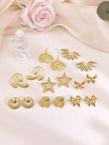 8 Pairs Earrings Set For Women, Exaggerated Irregular Earrings Personalized Stud Earring For Women Leaf,Star,Bow Earring For Girls,Hypoallergenic Non-Fading Waterproof Gold Big Earrings Stud Multi Style Size Earrings Spring European American Ins Style - Gold - View 4