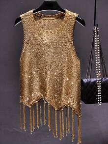 优雅女士无袖圆领针织上衣，饰有闪亮装饰和流苏下摆 - 金色 - 查看 1