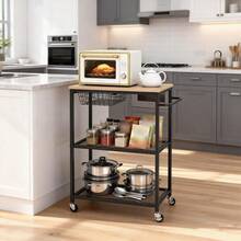 Rolling Kitchen Carts On Wheels, 3 Tier Mobile Utility Cart With Wood Tabletop Storage Cart, Metal Serving Carts With Handle And Shelf Liner For Island Restaurant Coffee Bar Living Room Office - Black - View 2