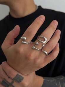4pcs/Set Casual Minimalist Geometric Liquid Teardrop Metal Ring Set, Fashionable Punk Charm Jewelry For Men - Teardrop Ring - View 6