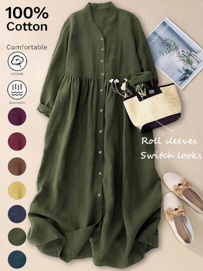 女式 V 领前开式休闲优雅 3/4 袖宽松中长连衣裙，秋季/春季