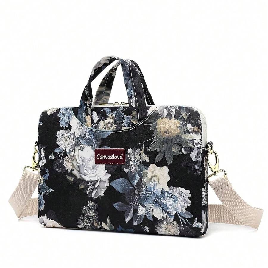 Canvaslove Floral Laptop Messenger Bag, Water Resistant Canvas, 15-16 Inch Compatible, Black With Blue And White Flowers (White Flower) - 白花 - 查看 1