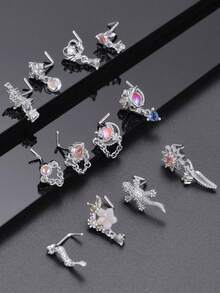 12 chiếc khuyên mũi hình chữ L, hình rắn, bướm, hoa, trăng đính đá CZ, dành cho nam và nữ, màu bạc và vàng, trọng lượng 20g. - Bạc - Xem 2