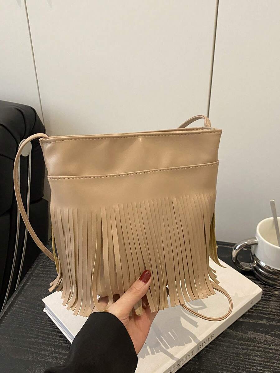 新款纯色时尚流苏女士手提包，大容量单肩斜挎水桶包 - 卡其色 - 查看 1