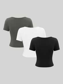 3pcs Women Casual Short Sleeve Outfit Set, Sexy Round Neck Waist Cinched, Easy To Match Spring - Black, White and Gray - View 2