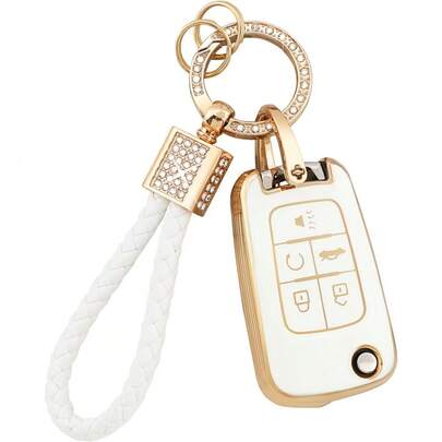 Funda para llavero de modelos Chevy (Equinox Camaro Cruze Trax Impala) Estuche protector de 5 botones para llaves de coche Bling Llavero Funda completa Accesorio de llave de auto lindo y femenino de TPU Blanco Dorado