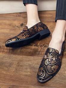 男士平底乐福鞋，英伦风刺绣优雅莫卡辛鞋，时尚驾车鞋，男士婚礼及正装鞋 - 金色 - 查看 2