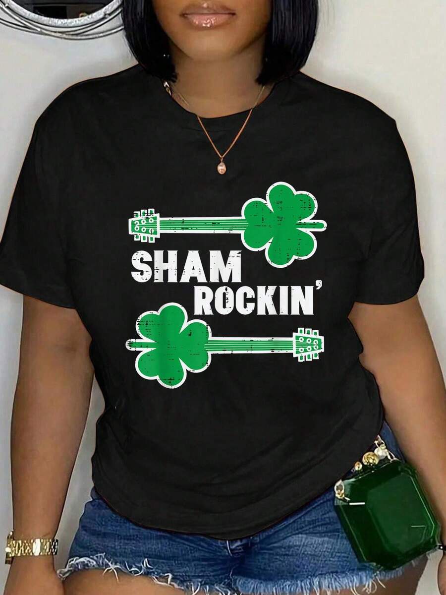 100% Cotton St Patricks Day Guitar Shamrockin Irish Rocker Boys Kids Men T-Shirt Women's Summer Vacation Comfort Soft Crew Neck Tee Tops - Black - View 1