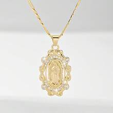 1pc Classic European Style Copper Inlaid Zirconia Flower Guadalupe Virgin Mary Pendant Necklace, Limited Edition. Suitable As Gift For Christmas, Thanksgiving, Halloween, Mother's Day, Valentine's Day, Friends, Godparents, First Holy Communion, Daily Wear And Prayer - Yellow Gold - View 8
