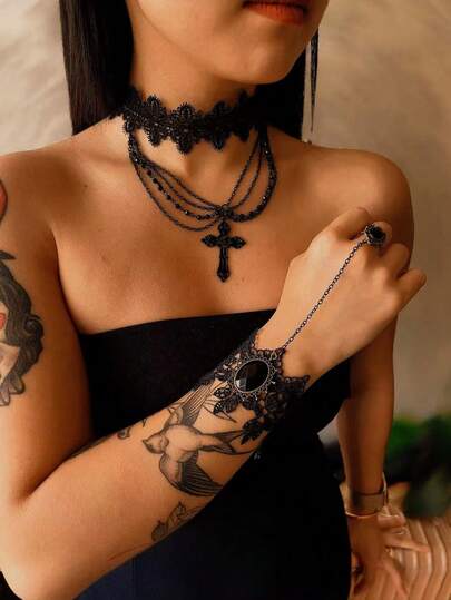 Gothic Choker Necklace + Bracelet Set, Vampire, Black Character Cosplay, Punk Lace Two Pieces, Cross Dark Beaded Jewelry Series, Best Gift For Girlfriend, Bestie, Coworker!