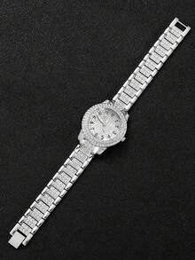2pcs Set: Fashionable Gold-Plated Alloy Quartz Watch & Cuban Link Bracelet, Party/Birthday Gift Watch Set, Silver Party Watch - Silver - View 3