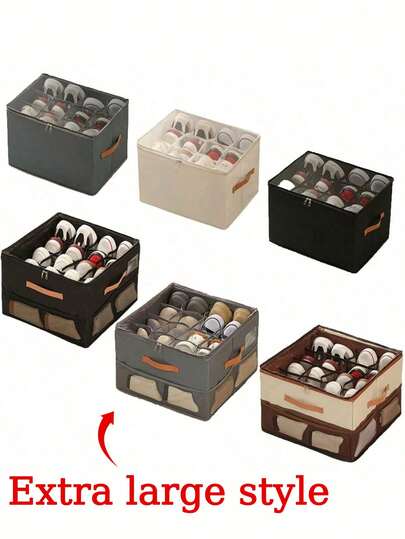 Foldable Fabric Shoe Storage Box, Holds 12-16 Pairs, Large Capacity Covered Shoe Organizer With Adjustable Dividers, Suitable For Closet, Washable, Multi-Purpose Shoe Box For Home, School, Dorm