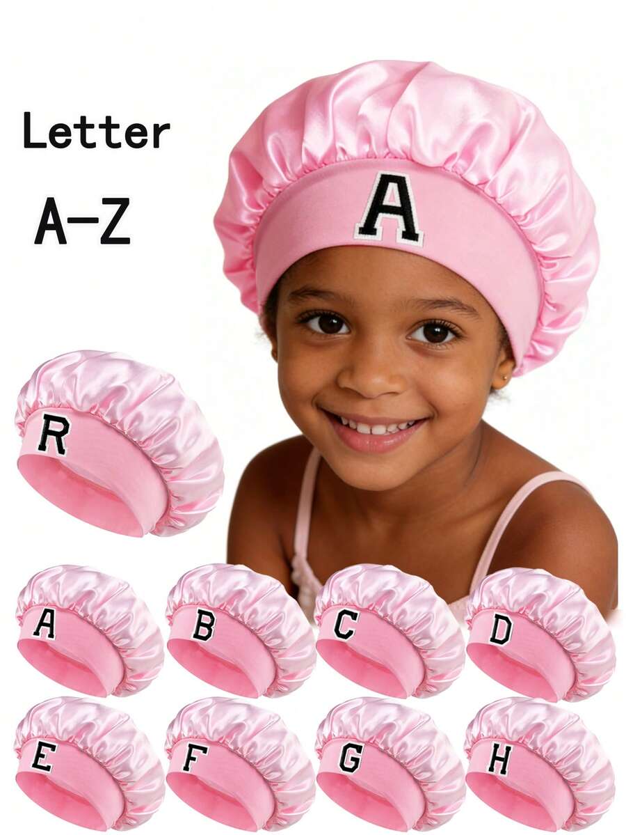 1顶儿童A-Z字母粉色缎面弹力宽檐帽 - 舒适睡帽，保护头发，超柔软透气设计，带防滑内衬 - 粉色 - 查看 1