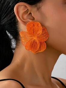 1 Pair Vintage Elegant Metallic Gold Textured Floral Pendant Earrings, Suitable For Women's Daily, Party, Holiday, Gift - 橘色 - 查看 1