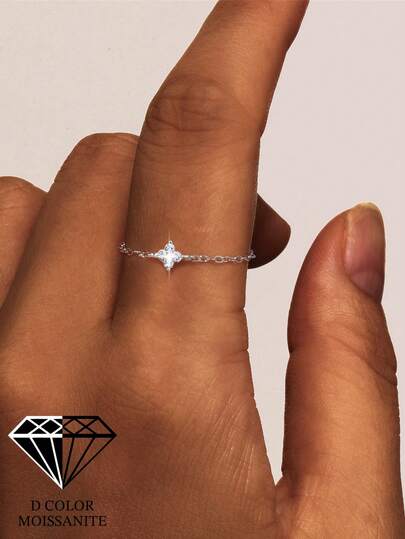 1 pieza Anillo de promesa de diseño de trébol ajustable con moissanita, anillo elegante de plata de ley 925, adecuado para mujer como regalo de aniversario, cumpleaños o Día de San Valentín