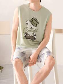 [AICJ Sleepwear]2pcs Men's Casual Loose Solid Basic Vest Top With Cartoon Letter & Bear Print, And Shorts Pajama Set, Suitable For Spring & Summer Wear - Mint Green - View 6