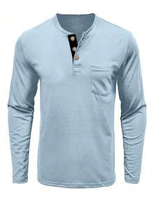 FEIAO 男士休闲运动风撞色门襟轻薄长袖 Polo 衫，可叠穿或单穿，轻松打造日常休闲造型 - 藍色 - 查看 2