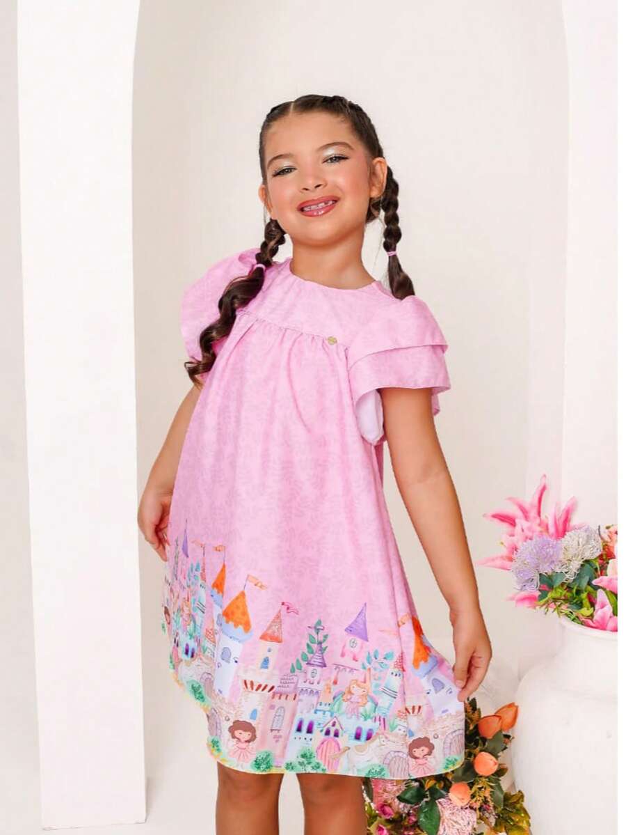 Girls' Themed Dress - , Enchanted Garden, Bees, Butterflies - Graduation, Fashionable, Blogger Style, Cool, For Parties, Birthdays, Everyday Wear, Casual, Girl's Clothing, Teen, Wedding, Printed, Loose-Fitting, Summer, Floral - 粉色 - 查看 1