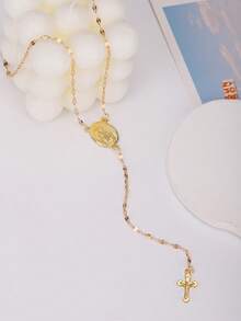 1pc Fashionable Popular Cross Virgin Mary Necklace, Suitable For Daily Wear By Women (Cross Pendant Length Varies) - Gold - View 5