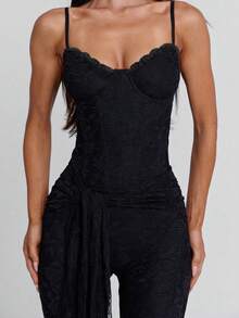 Sexy & Fashionable Versatile Hollow Lace & Ribbon Design Adjustable Strap Jumpsuit, Suitable For Spring/Summer Vacation Wear - Black - View 7