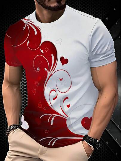 情人节爱心图案休闲T恤，男士/情侣款，适合夏季穿着，是节日礼物的绝佳选择。