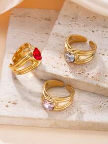 1 Peça Anel de Aço Inoxidável Fundido com Zircônia Cúbica Coração Elegante Vintage, Adequado para Uso Diário ou Festivo de Mulheres - anel - Visão 2