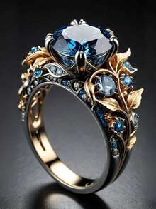 1枚时尚精致叶形蓝色立方氧化锆镶嵌女式戒指，适合生日、派对、节日、周年纪念日、情人节等场合佩戴。 - 戒指 - 查看 7