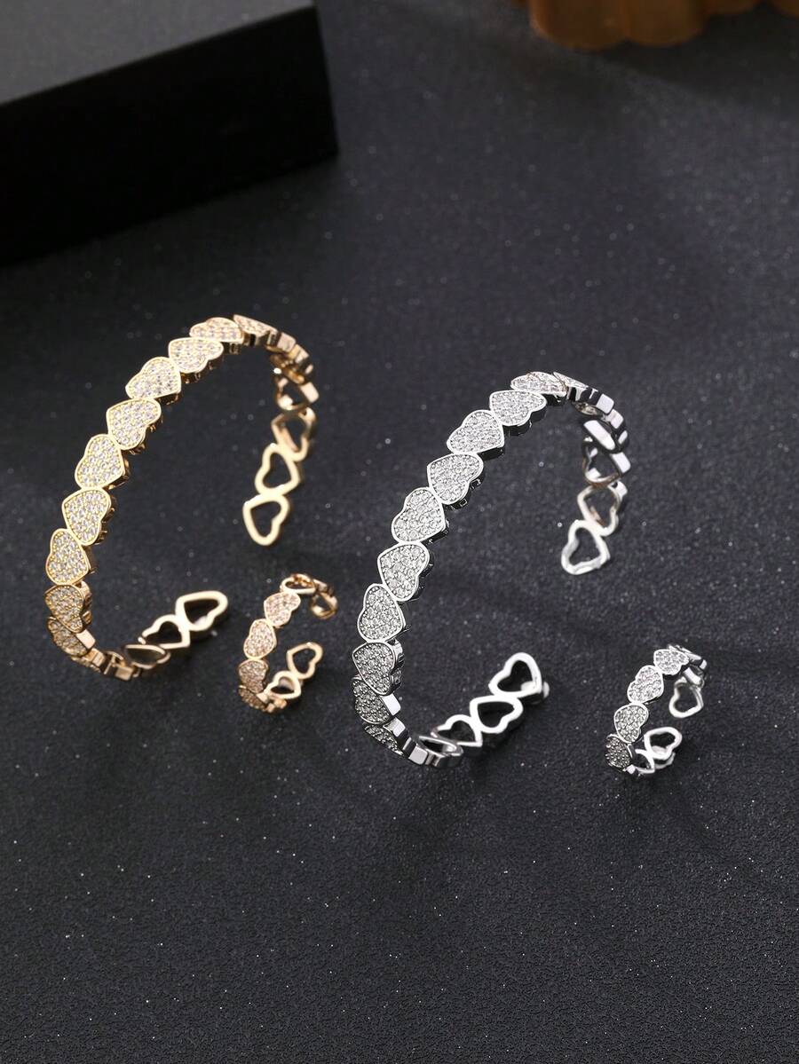 1pc/1set 2pcs Fashion Sparkling Zirconia Heart Splice Open Ring & Bracelet Set, Women Daily Party Wedding Accessories, Eid/Eid Al-Fitr Gift - Sweet and Delicate -encrusted Heart Pattern - View 1