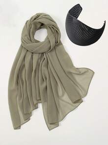 1 Set Of Combined Chiffon Scarf + Fixed Hairband, Women's Muslim Multi-Functional Headscarf, Forehead Hair Fixing Hairband, Versatile Two Pieces Set And Festive Gift - Scarf and Headband Combination - View 11