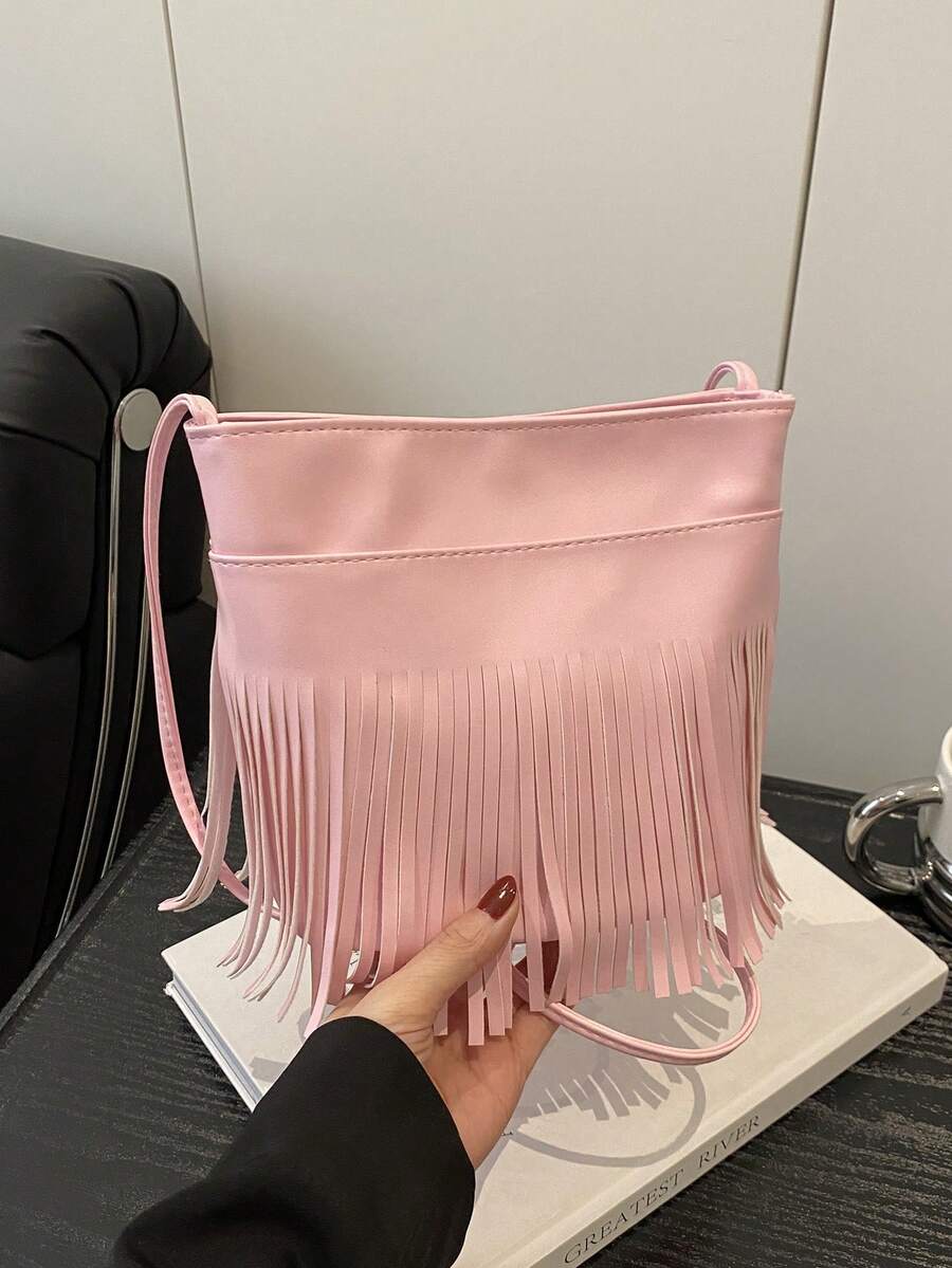 Nuevo bolso de mano de mujer de unicolor con borlas de moda, bolso de hombro diagonal tipo cubo de gran capacidad - Rosa - Ver 1