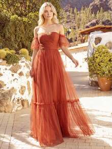 EVERPRETTY 浪漫春季露肩褶皱荷叶边网纱焦橙色伴娘礼服，适合婚礼晚宴、毕业典礼、生日派对等场合的宾客礼服 - 亮橙色 - 查看 11