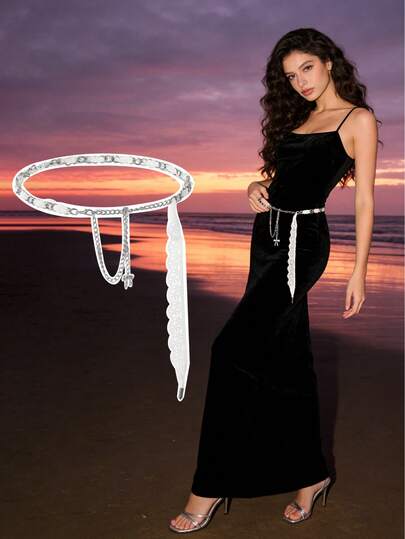 1件精致蕾丝吊坠腰链，镶嵌水钻，可调节细链蝴蝶结吊坠，独特甜美少女风配饰，适合约会、洛丽塔、街头穿搭，散发空灵气息的装饰腰链