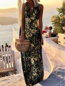 Ladies Golden V-Neck Sleeveless Long Summer Elegant Dress - màu đen - Xem 9