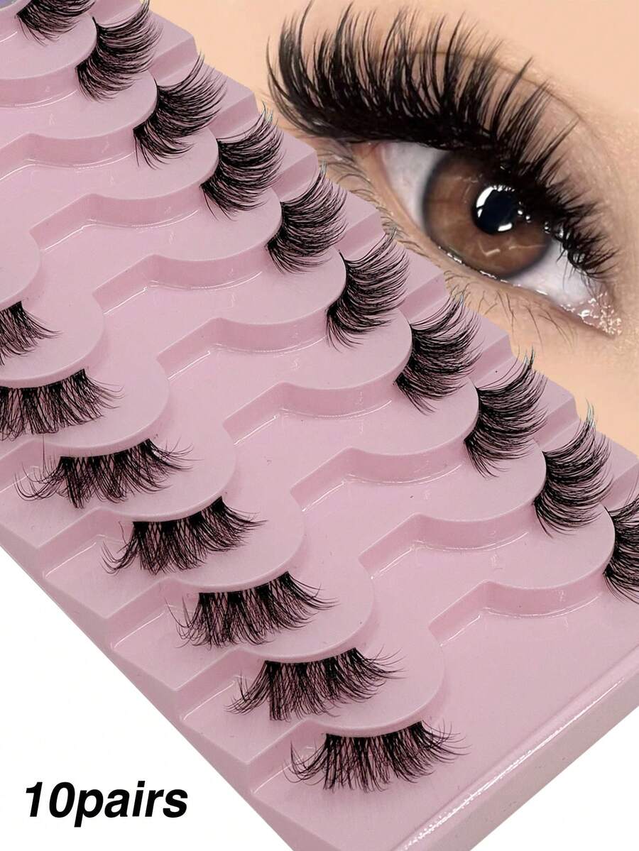 10 Pairs Natural Looking Cat Eye Lashes, Soft & Fluffy False Eyelashes, Transparent Stem Realistic Fake Lashes, Makeup Tools, Suitable For Beginners, Parties, Reusable - Black - View 1