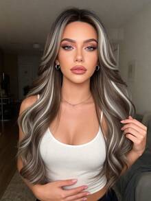 20英寸中分蓬松波浪假发，高温丝透气网帽，时尚街头风假发 - 紫紅色 - 查看 3