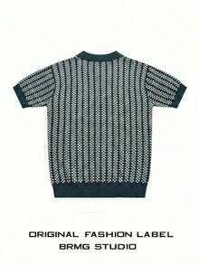 Unisex Casual Loose Striped Polo Collar Knit Short Sleeve Top, Spring/Summer - Green - View 3