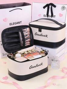 1 szt. Czarno-biała, kontrastowa kosmetyczka, duża torba z przegródkami na pędzle do makijażu, kosmetyki, pielęgnacja skóry, kosmetyczka podróżna, elegancki minimalistyczny styl, idealny prezent na Walentynki, Dzień Matki, saszetka, kosmetyczka, niezbędny element podróży - Wielokolorowe - Zobacz 2