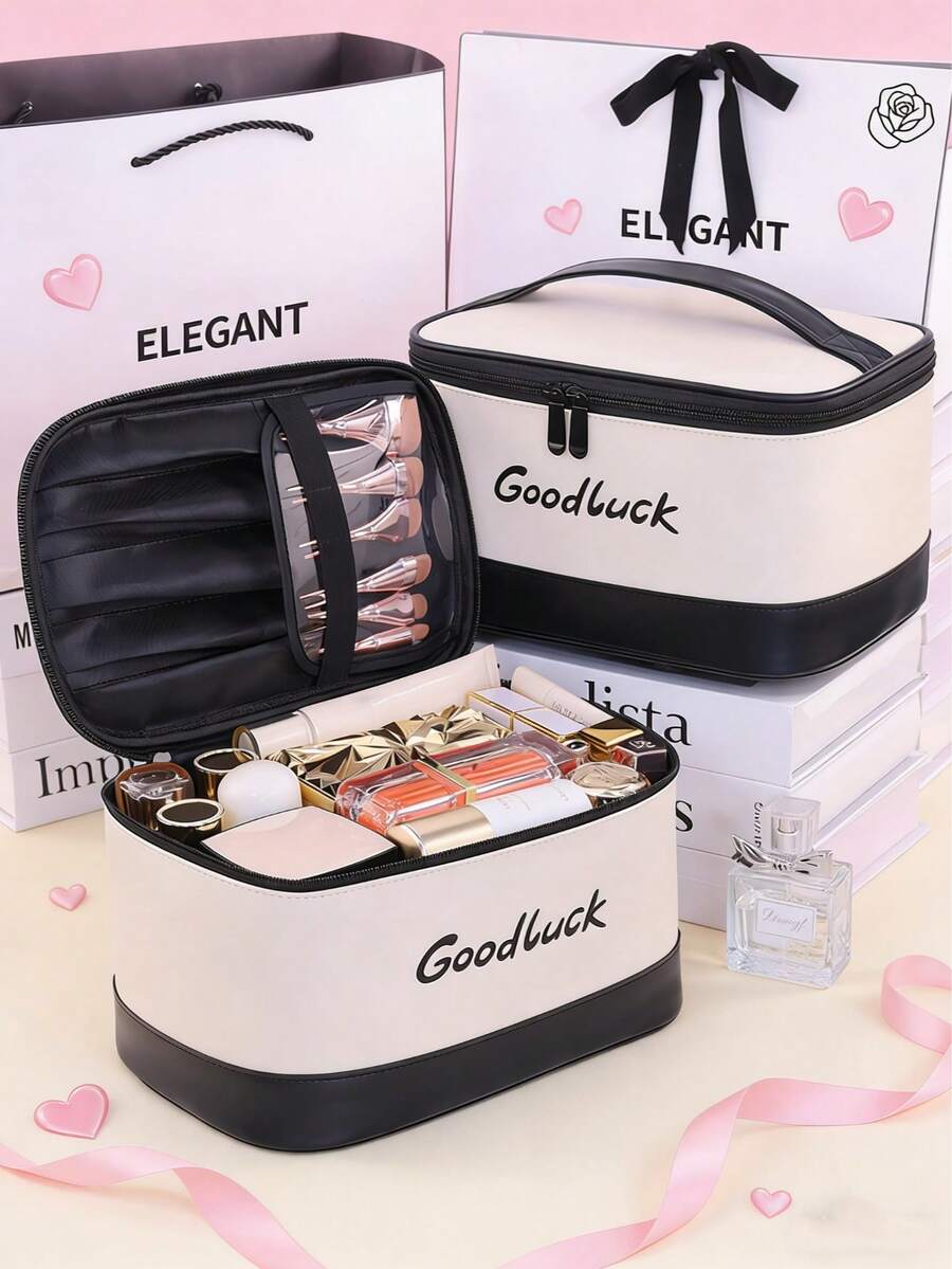 1 szt. Czarno-biała, kontrastowa kosmetyczka, duża torba z przegródkami na pędzle do makijażu, kosmetyki, pielęgnacja skóry, kosmetyczka podróżna, elegancki minimalistyczny styl, idealny prezent na Walentynki, Dzień Matki, saszetka, kosmetyczka, niezbędny element podróży