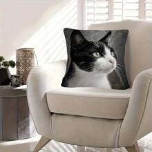 1Pc Vintage Black And White Cat Pattern Throw Pillow Covers - 17.7*17.7 Inches, Single-Side Print, Machine Washable With Zipper, Soft Comfortable Polyester Fabric Cushion Covers, Suitable For Various Room Decorations (Pillow Insert Not Included) - Multicolor - View 4