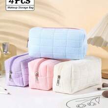 4 piezas Bolsa de maquillaje de felpa a cuadros, bolsa de aseo de viaje de gran tamaño con cremallera, bolsa de almacenamiento multifuncional adecuada para la organización del hogar y viajes al aire libre, viajes de negocios (1/4 piezas seleccionables), para vacaciones en la playa, colección de baño, colección de dormitorio, gran capacidad - Multicolor - Ver 1