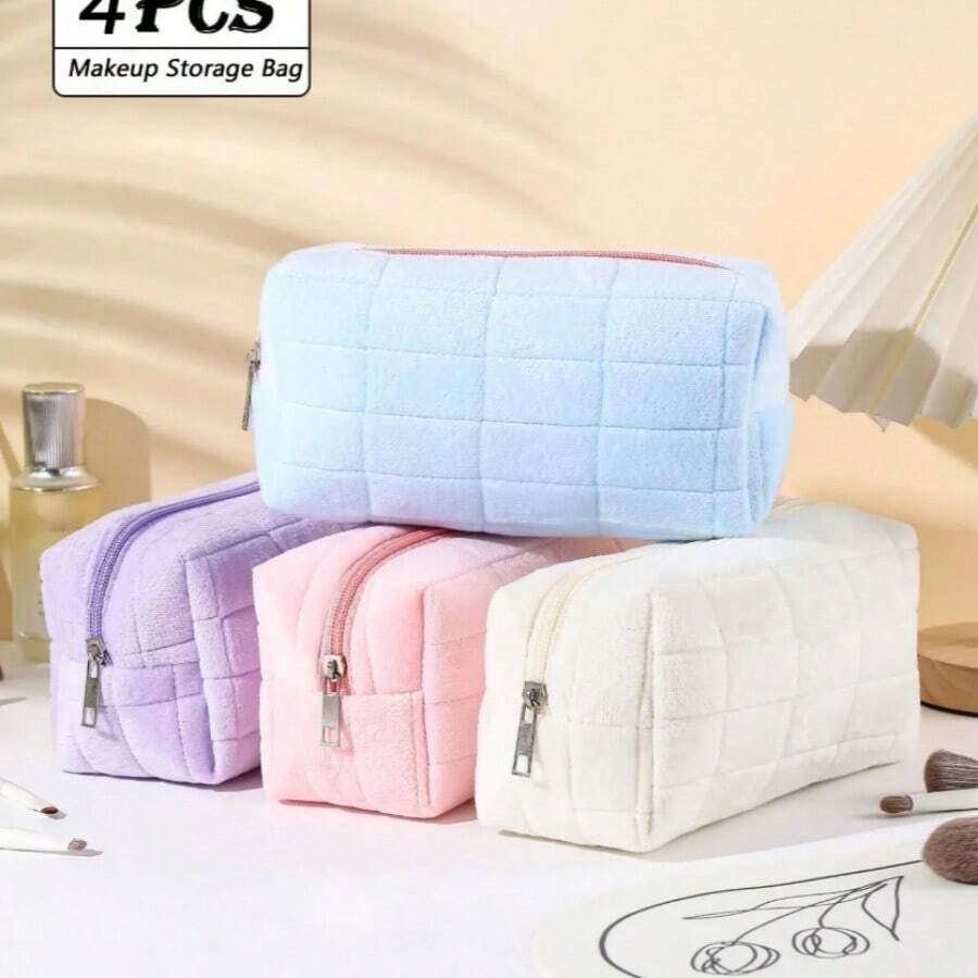 4 piezas Bolsa de maquillaje de felpa a cuadros, bolsa de aseo de viaje de gran tamaño con cremallera, bolsa de almacenamiento multifuncional adecuada para la organización del hogar y viajes al aire libre, viajes de negocios (1/4 piezas seleccionables), para vacaciones en la playa, colección de baño, colección de dormitorio, gran capacidad - Multicolor - Ver 1