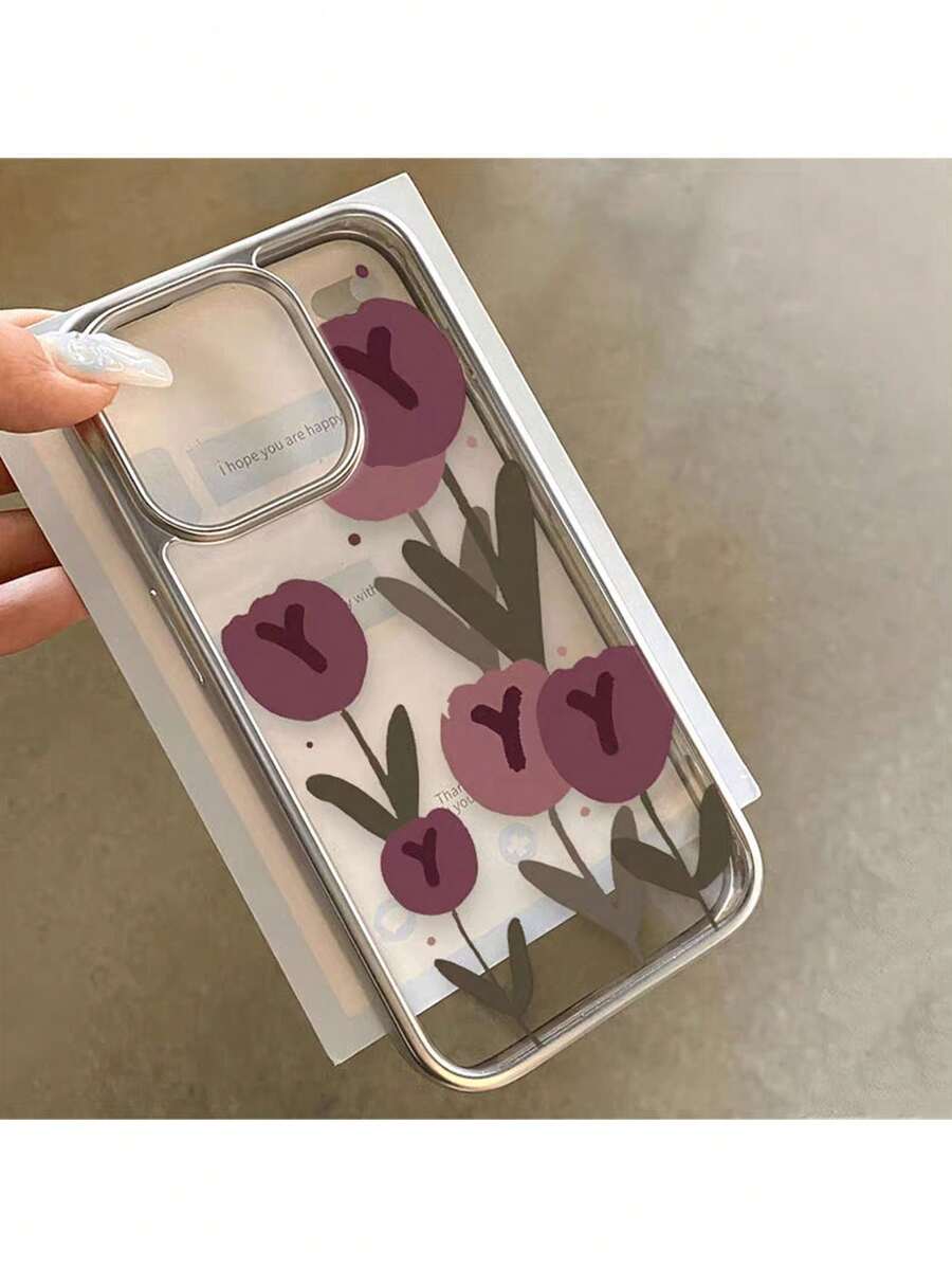 1个新款油画郁金香图案手机壳，兼容 17 Pro Max、16、15 Plus、14、13 Pro Max、12、11，高品质个性化时尚电镀TPU软保护套 - 彩色 - 查看 1